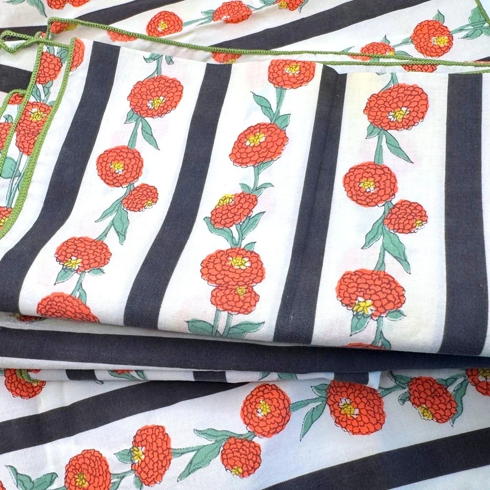 Vintage Floral Stripe‎ Napkins Set-6 Red Orange Flowers Black White cottagecore